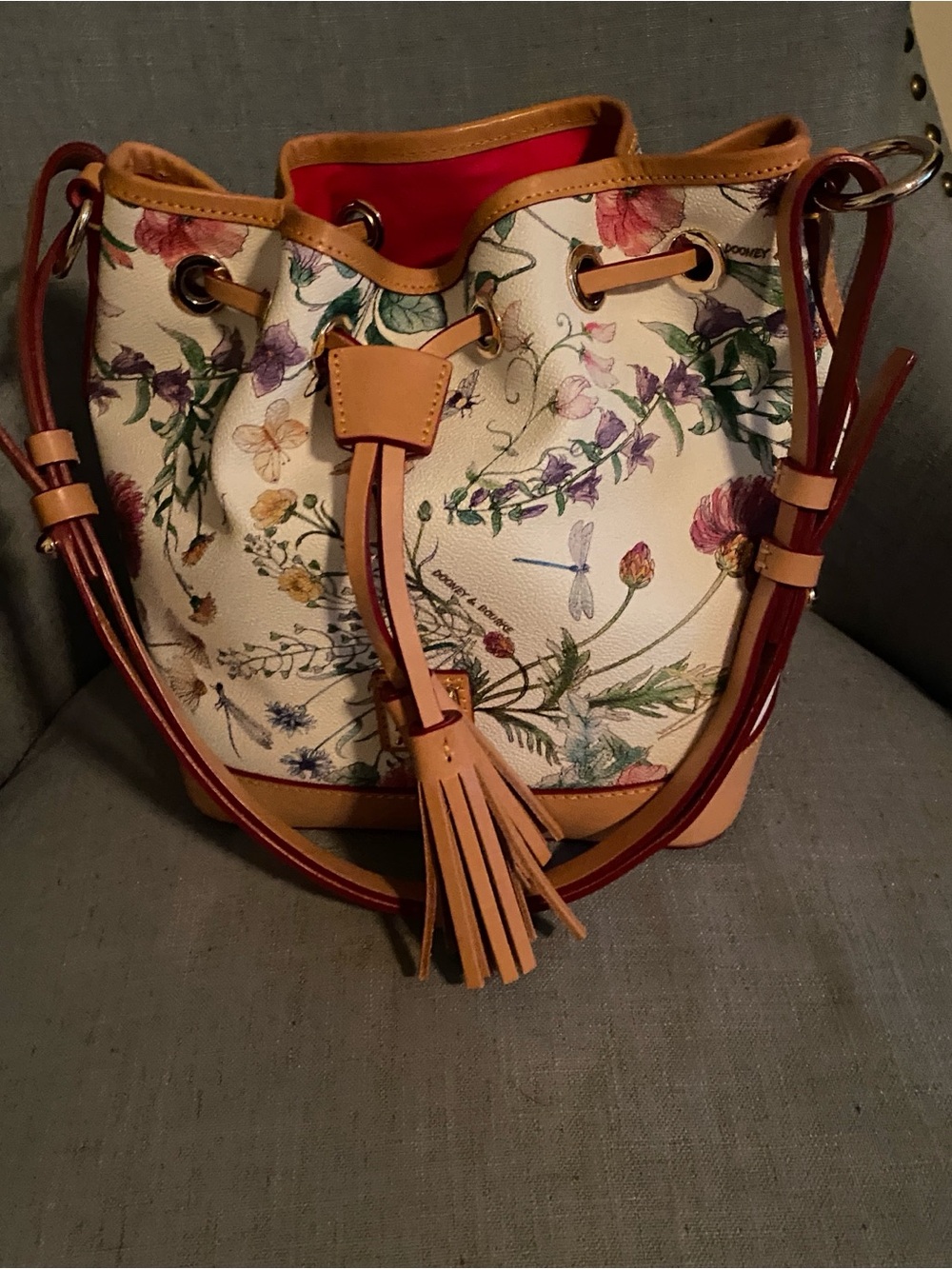Dooney & Bourke White Floral Drawstring Tassel Bucket Bag with Tan Trim - Picture 8 of 8